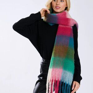 Ricki's Chunky Fringe Blue Pink Plaid Green Fluffy Oversized Scarf